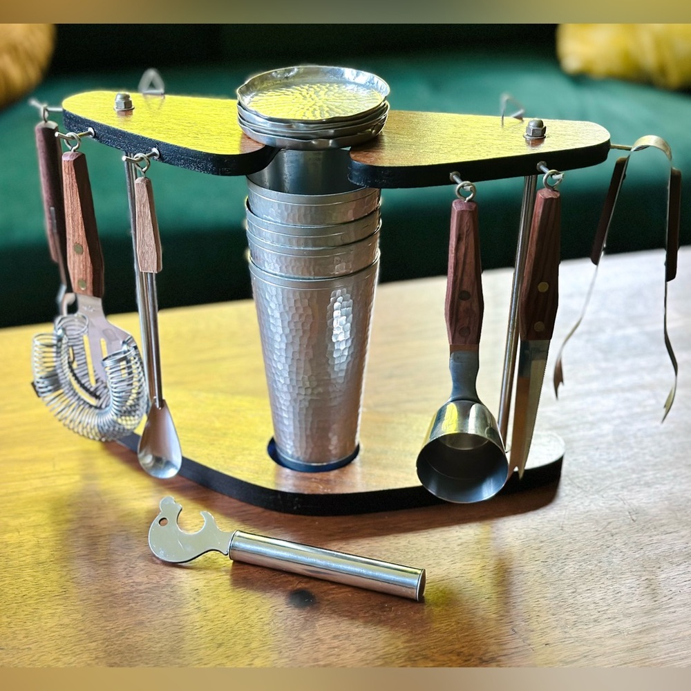 LAST CHANCE* DONATING Midcentury hanging wooden bar caddy